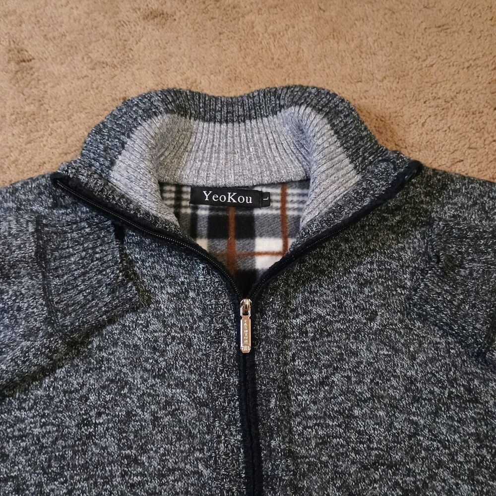 YeoKou Sweater Jacket Mens Large Gray Cashmere/Wool Fleece Lined Cardigan Knit